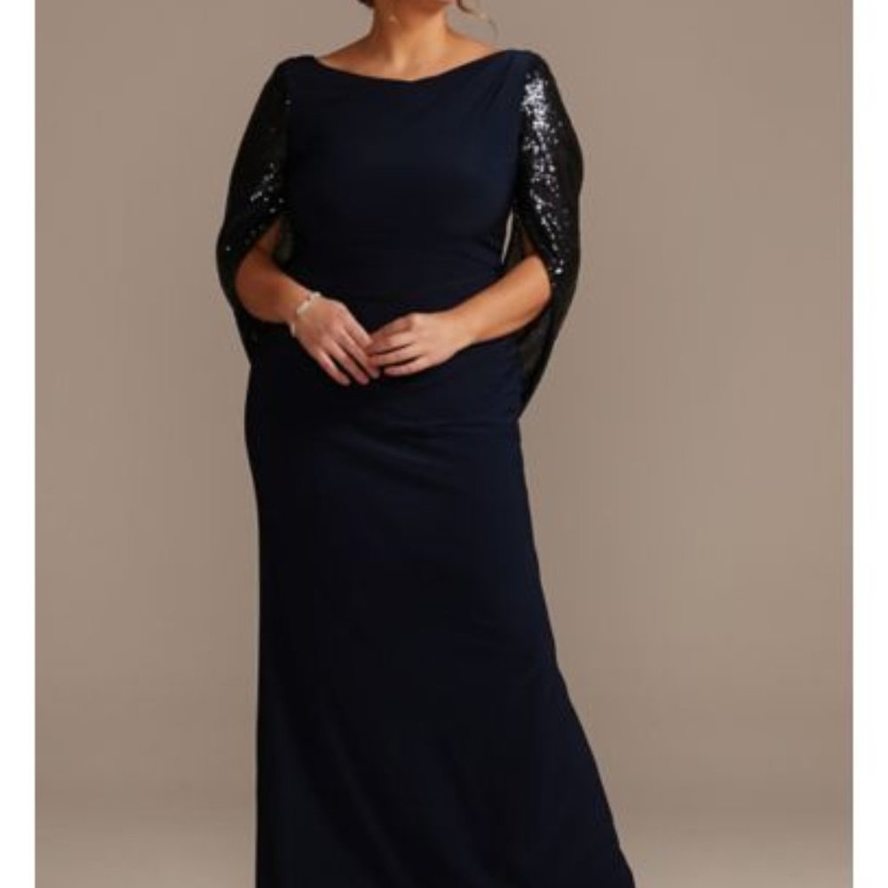 Oleg Cassini Navy Cape Sleeve Formal Gown - 18W